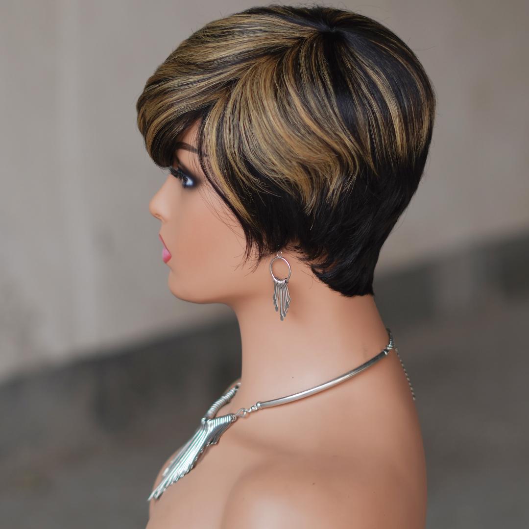"Glueless Short Pixie Cut Wig With Bangs 180% Density Brazilian Virgin Human Hair P1B/27 Ombre Black Blonde 6 Inch Layered Full Machine Made Natural Look With Wig Caps For Women Daily & Party Wear "	