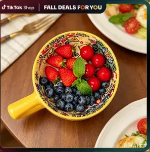 Bohemian  style  ceramic noodle bowl, colorful flower patterned salad bowl with handle, dessert bowl, microwave and dishwasher safe,  scratch resistant, household kitchen utensils ceramic