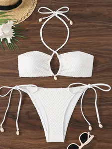 Women's Bikini Set, Strapless Crop Top and High Waist Tie Triangle Bottoms, Sexy Beachwear, Fitted Plain Colorblock Design, All Seasons