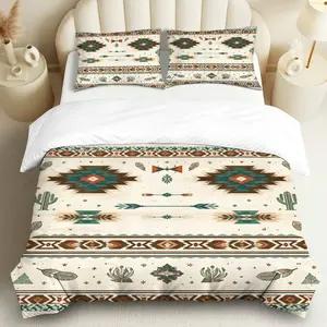 3PCS Duvet Cover Set, 1 Duvet+2 Pillowcases(Without filler), Bohemian Southwestern Geometric Cactus Feather theme, Thanksgiving bedding set, Rustic Vintage Boho Chic Suitable for decoration bedroom living room guest room cabin.