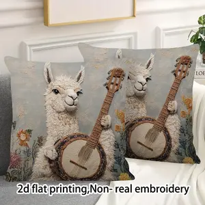 2pc, 2d flat printing, Non-real embroidery, double-sided pillow cover, with Llama and Banjo Design, Unique Wall Hanging Art for Home Decor, 18x18 inches, It's a printed image, room decor (no pillow core)_CXYLES362