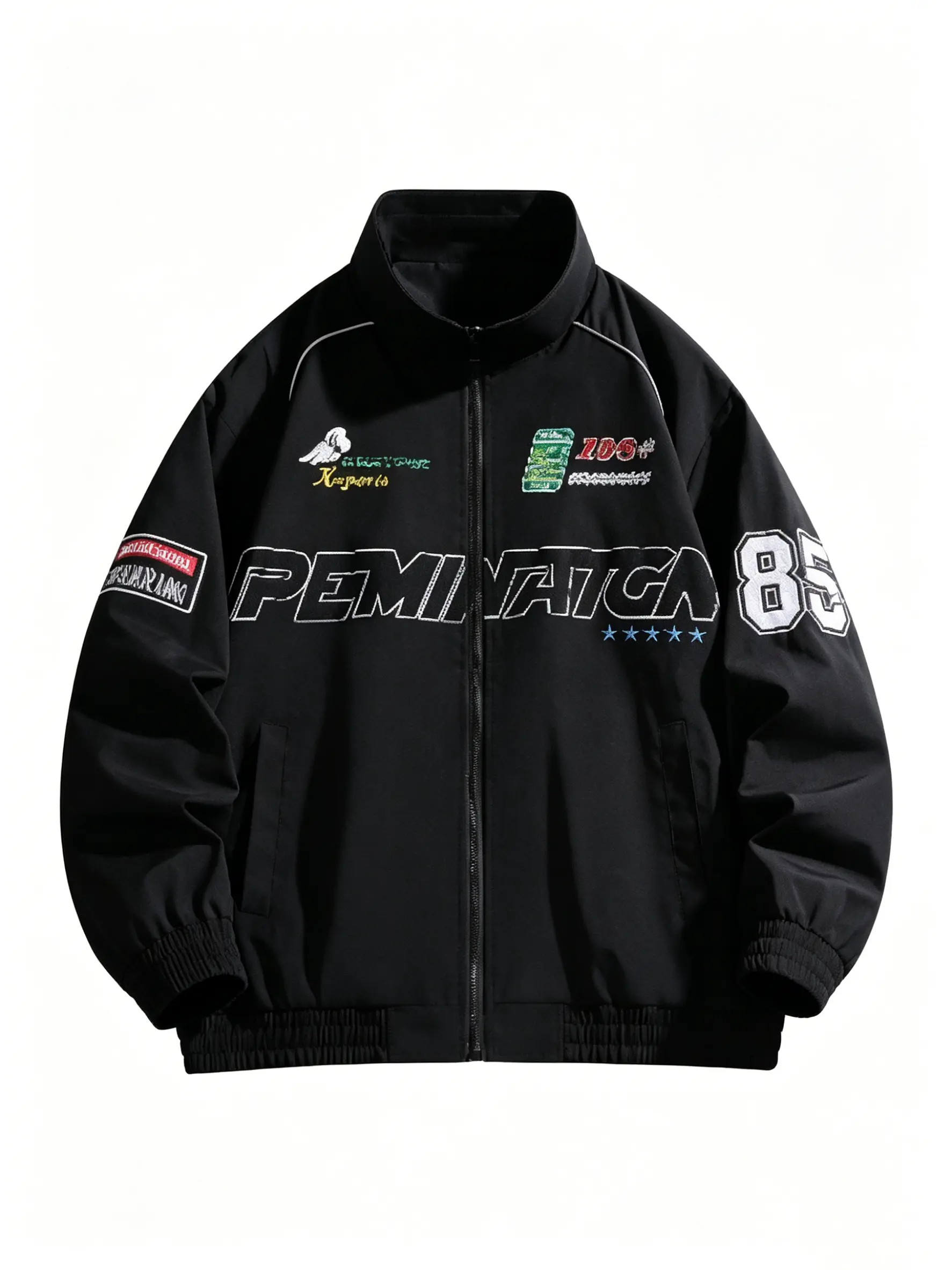 Men’s American retro racing jacket — streetwear brand embroidered biker jacket for spring/autumn, stand collar windbreaker