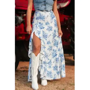 Split Asymmetrical Ruffled Printed Skirt