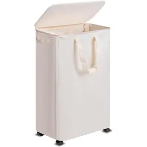 Slim Laundry Hamper with Lid and Wheels - 75L Beige Compact Rolling Basket for Dorms & Bedrooms Easy Mobility & Tidy Storage