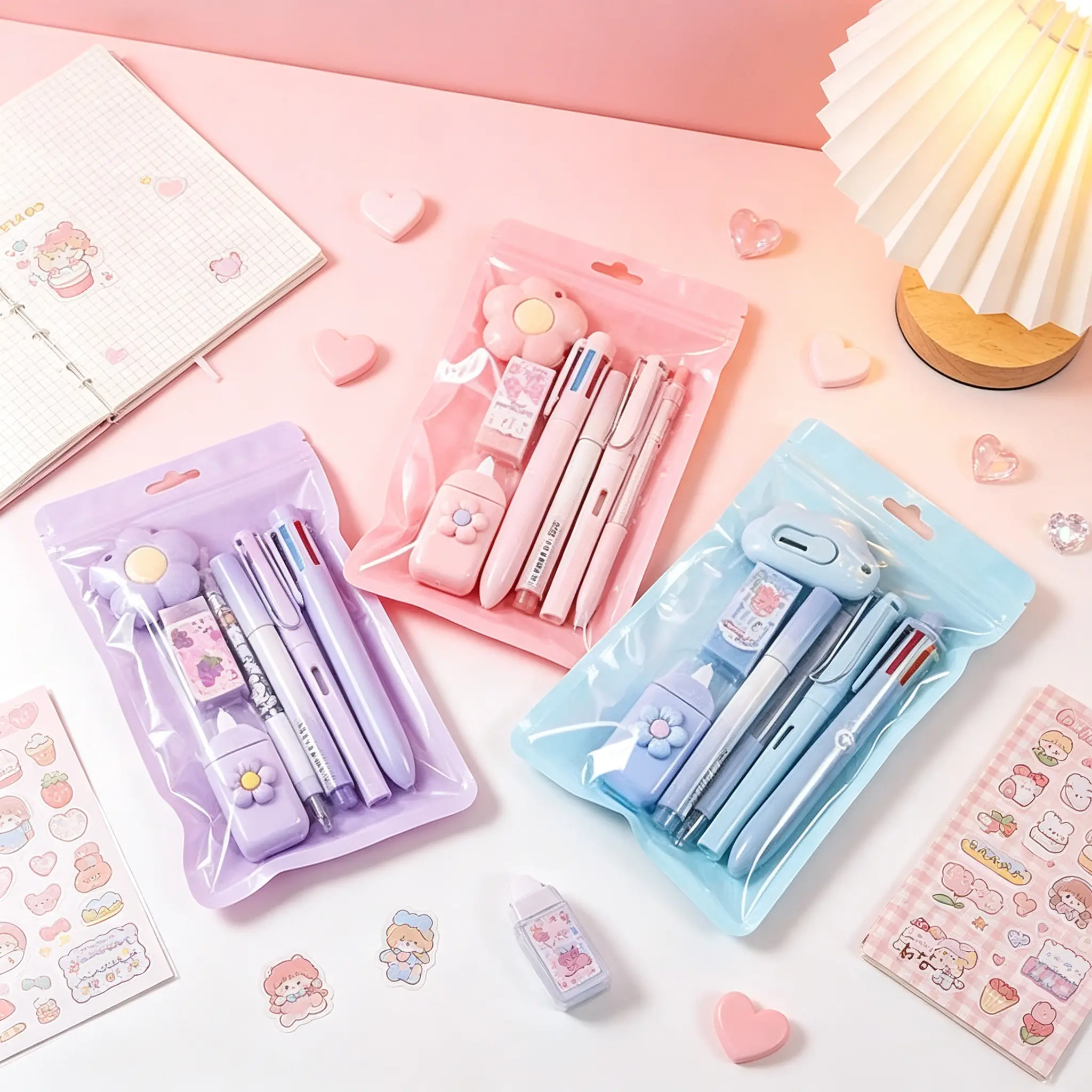 7 Pcs Kawaii Pastel Stationery Set - Cute Flower Design Kit with Multi-Color Pens, Eraser, Cutter | Cute School Supplies, Back to School Stuff, Birthday Gifts for 10–12 Girls for Students