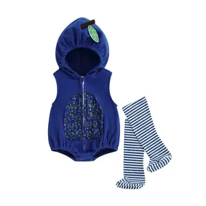Baby Cosplay Costume Sleeveless Hooded Blueberry Print Romper with Striped Stockings Halloween Clothes for Girls Boys