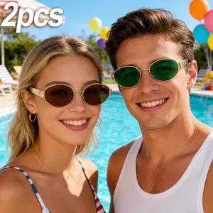 Set of 2 luxury light oval vintage metal frame glasses — Y2K style with anti-glare PC lenses, gold trim and refined detailing; street style that makes round faces look smaller; unisex; suitable for parties — a functional essential with stylish design, lig