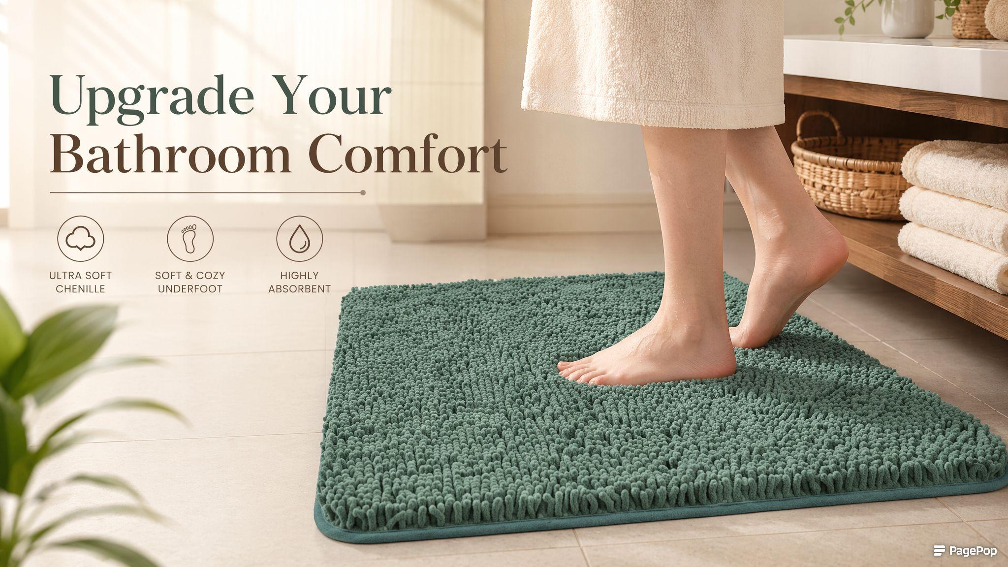 1-Piece Plush Short-Pile Chenille Anti-Slip Grip Rubber Back Mat, Quick-Dry, Stain-Resistant, Easy Clean Rubber Mat for Bathroom Wet Areas & Decor, Easy Clean Bath Mats