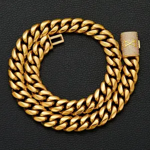 14mm Cuban Link Chain Necklace for Men | A-Z Initial Clasp | Buy Necklace Get Bracelet Free | Hip Hop Gold Plated Jewelry Set tarnish proof men's