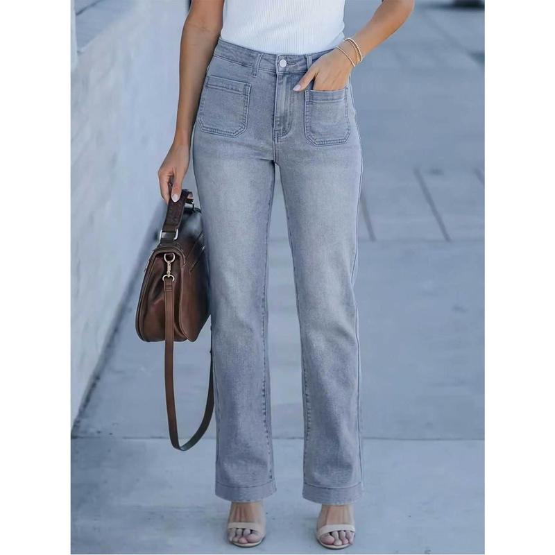 Women's Gray High-Waisted Straight Leg Jeans, Casual Comfortable Style, with Pockets, Button Closure, Everyday Wear Bottoms for Women