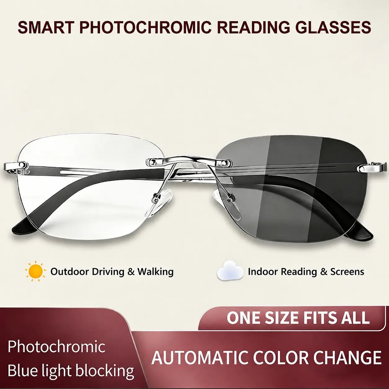 Unisex Square Reading Glasses with a Metal Half-Frame, Photochromic Lens for Indoor/Outdoor Wear, Blue Light Blocking with UV400 Shield