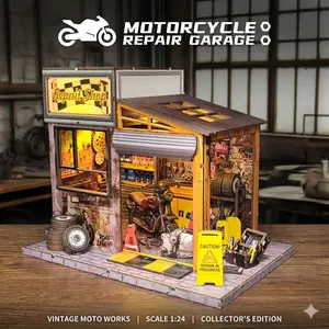 DIY Motorcycle Repair Shop Book Nook Kit, 3D Wooden Miniature Bookshelf Insert, Aesthetic Home Decor Craft for Adults