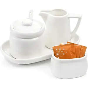 Set of 4 Porcelain Creamer and Sugar Set with Saucer, Sugar Bowl with Lid and Spoon, Cream Pitcher, Sweetener Holder, Coffee Serving Set for Kitchen Home Cafe Party, Restaurant, White