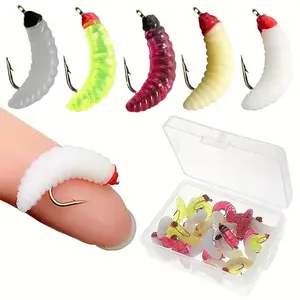 30/60/90pcs Artificial Bionic Maggot Fishing Bait, Random Color Bread Worm with Hook, Fishing Supplies for Outdoor Fishing, Fishing Accessories, Fishing Tackle, Simulation Fishing Lure