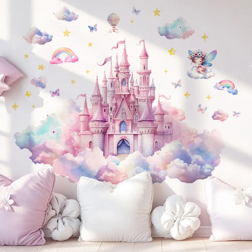 Fairy Tale Castle Cloud Rainbow Flower Sprite Wall Sticker, Decorative Stickers, Self-Adhesive Decorative Wallpaper, Living Room Corner Decoration, Home Space Beautification, Flower Wall Decals, Wall Stickers Decorations