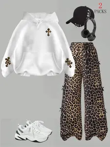 Y2K Leopard Print Hoodie Set, Cross Pattern Sweatshirt & Wide Leg Pants, Casual Youthful Schoolgirl Style, Comfortable Fabric, Multicolor Options
