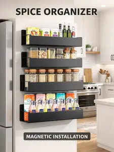 4 Pack Magnetic Spice Storage Rack Organizer for Refrigerator and Oven, Matt Black Fridge Organizers and Storage,Black