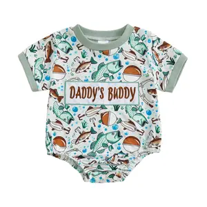 Newborn Baby Boy Summer Clothes Fishing Outfit Bubble Romper Boys Short Sleeve Onesie Infant Bodysuit Jumpsuit 3M 6M 12M 18M, Embroidery, Letter Embroidery
