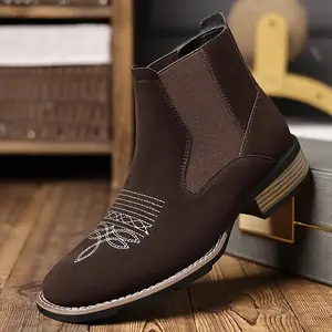 RetroWesternCowboyChelseaBootsforMen-SquareToe,AnkleLength,BrownandBlack,Slip-OnStylewithRubberSole,ComfortableforCasualWear,WesternFootwear|Elegantbootsformen|DurablerubbersoleWeightBathroom
