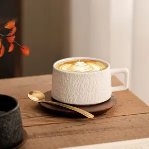 230ML Ceramic Coffee Cup Set, Matte Stone Texture, Handmade Mug with Square Handle, Round Vintage Style, Home Office Use, All Seasons