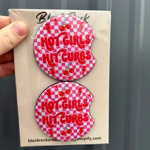 Pink checkered hot girls hit curbs car coasters set of 2