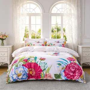 3pcs French Country Watercolor Hummingbird Floral Bedding Set,（include 1*Duvet Cover, Without Duvet Insert,2 *Pillowcases, Without Pillow Core) Soft Fabric, Detachable Zipper, Perfect Gift,