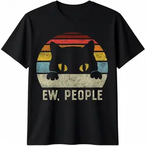100% Cotton Ew People Retro Cat Funny Vintage Anti Social Introvert T-Shirt