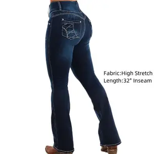 Flamingals Wash Stitch Detail Button Fly High Waist Bootcut Jeans - High Stretch Fabric, 32" Inseam, All Seasons Wear