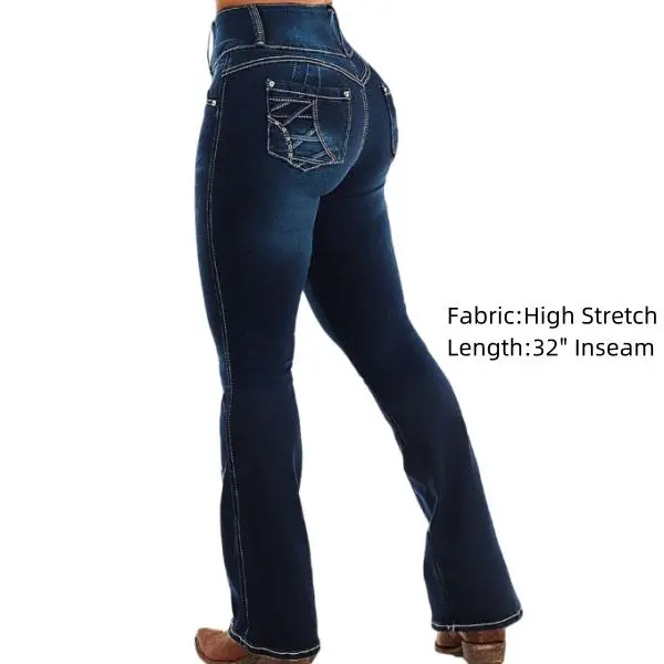 Flamingals Wash Stitch Detail Button Fly High Waist Bootcut Jeans - High Stretch Fabric, 32" Inseam, All Seasons Wear