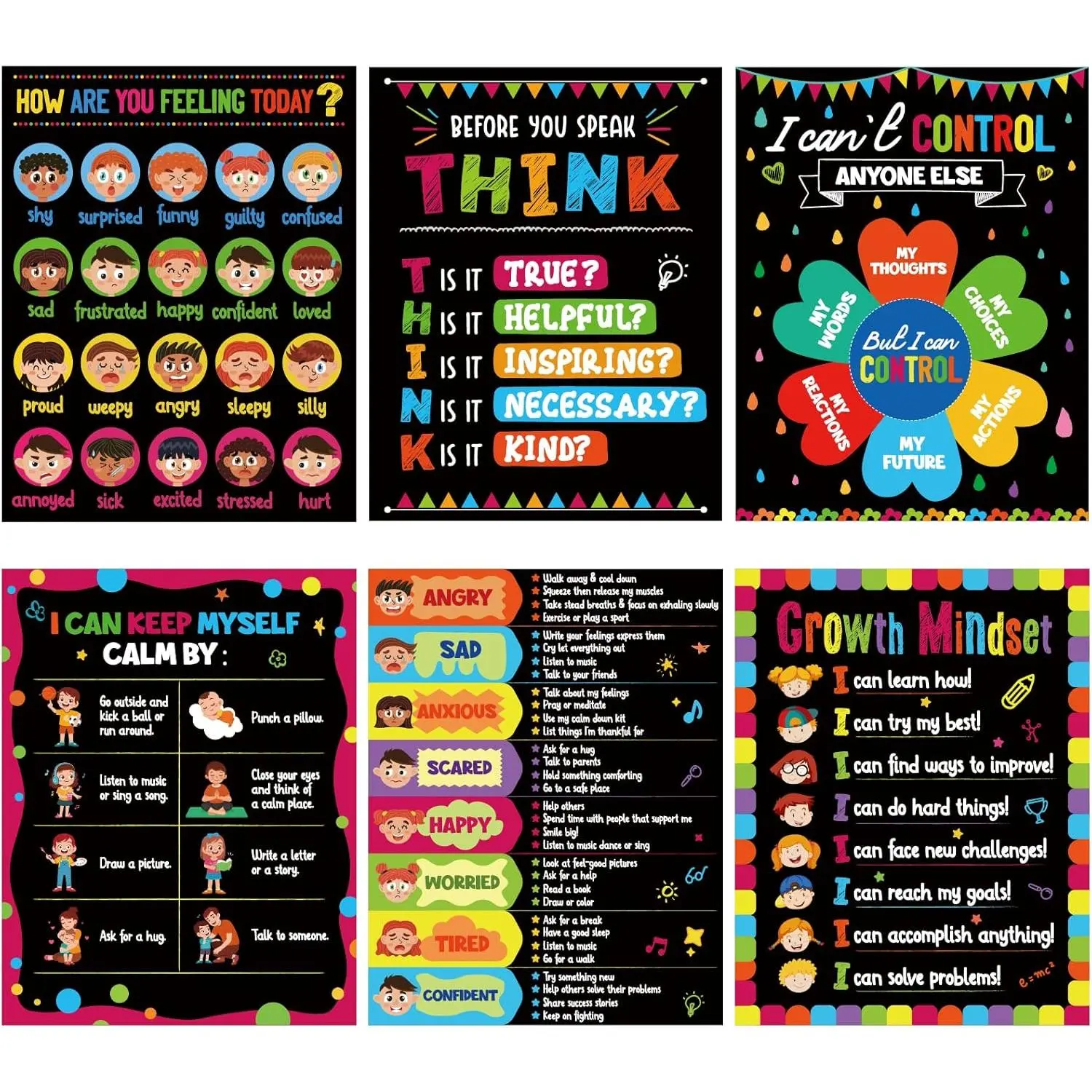 Feelings Posters, 6 count Wall Art for Classroom, Coping Strategies for , Behavior Management Posters, Emotions Chart, Calm Down Corner Decorations