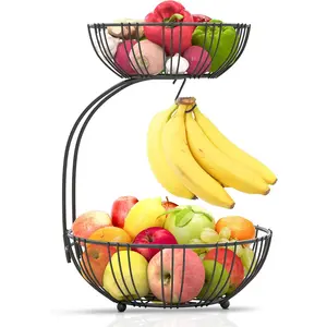 Fruit Basket For Kitchen Counter - Fruit Basket With Banana Hanger - Double Layer Metal Wire Fruit Bowl For Kitchen Countertop - Fruit Holder For Produce, Vegetables, Kitchen