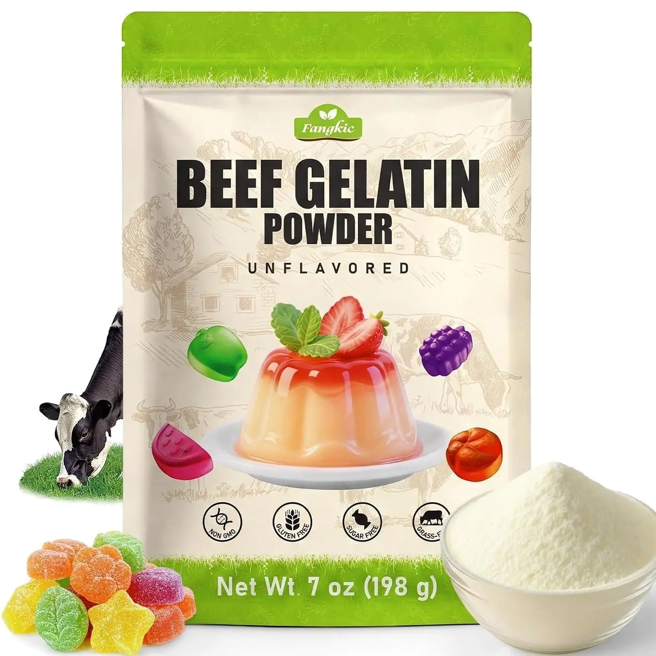 Beef Gelatin Powder Unflavored, 7 oz/198 g Grass Fed Gelatin Powder | Premium Gelling & Thickening Agent, Gluten & Sugar Free, Versatile Gelatin for Gummies, Jello, Baking, Cooking, Drinks