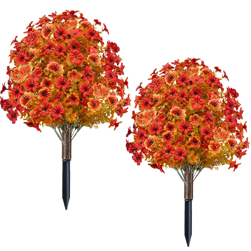 2-Pack 25in UV-Resistant Fall Artificial Mum Topiary Tree Balls with Ground Spike & Boxwood - Outdoor-Safe Faux Greenery Plants, Artificial Shrubs, Fake Decorative Flowers for Entryway Flower Design Decorations (Natural Look, Reattach Loose Blooms)