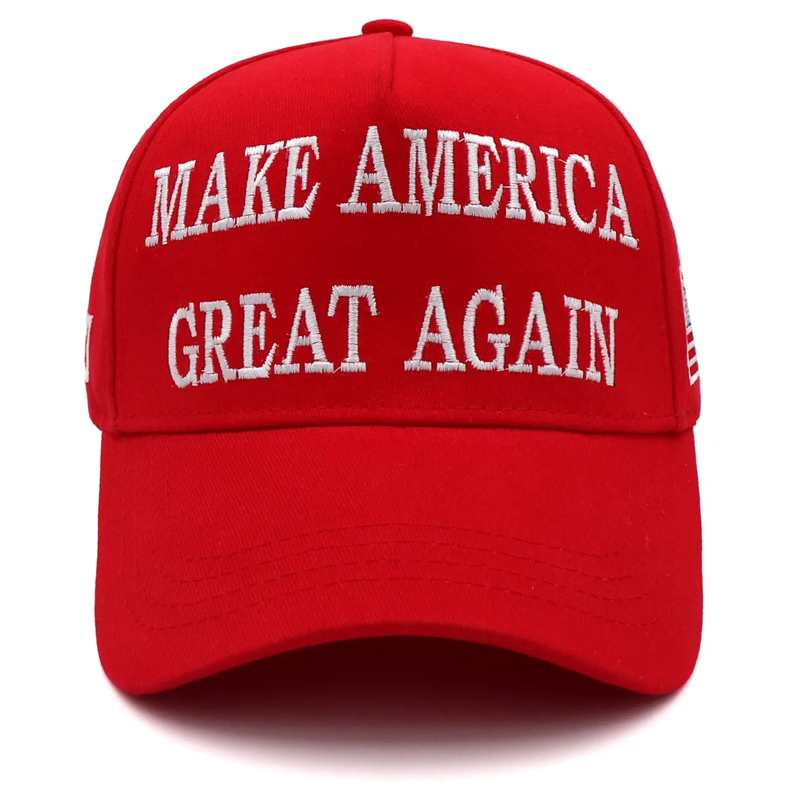 Make America Great Again Red Baseball Cap with White Embroidered Text and American Flag Design