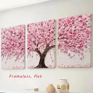 3-Piece Set / Visual Art Decor, Pink Tree Canvas Wall Art, Pink-Gray Room Decor, Cherry Blossom Wall Art, Modern Art, Hanging Living Room Wall Decor (Frameless)