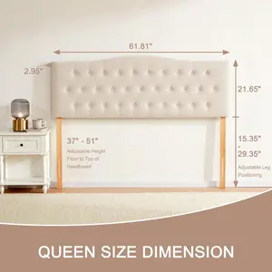 Tufted Upholstered Headboard Queen Size, Sturdy and Durable Solid Wood Bed headboard, Fabric Headboard Adjustable Height from 37" to 51", Modern Button Diamond Design Head Board, Beige