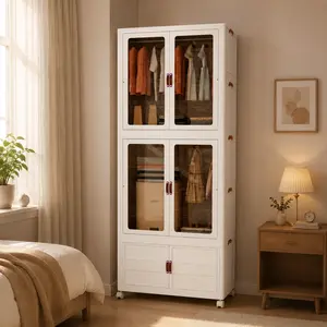 Plastic Storage Cabinet with Lid - Easy-to-Assemble, Divided Compartments, Large Capacity, Stackable & Foldable, Wheels - Mobile Closet Organizer System for Home Use