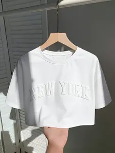 Women's Loose Fit Short Sleeve Letter Print Casual Top, High Waist Drop Shoulder Design, Perfect for Daily Wear &