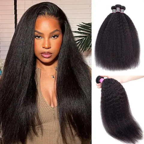 OQ HAIR Kinky Straight Hair Bundles 100% Virgin Human Hair Weaving Natural Black Color 3 4 Bundles Double Weft Sew in Hair Extensions #tiktokshopstockup #SohoChic