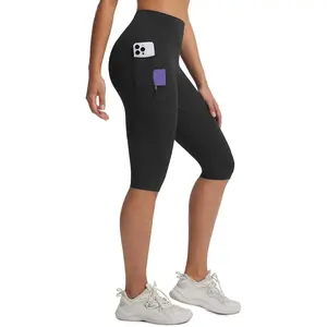 Baleaf Womens High Waisted Knee Length Capri Leggings with 3 Pockets Zipper Yoga Pants Tummy Control Workout Activewear for Summer Running Gym