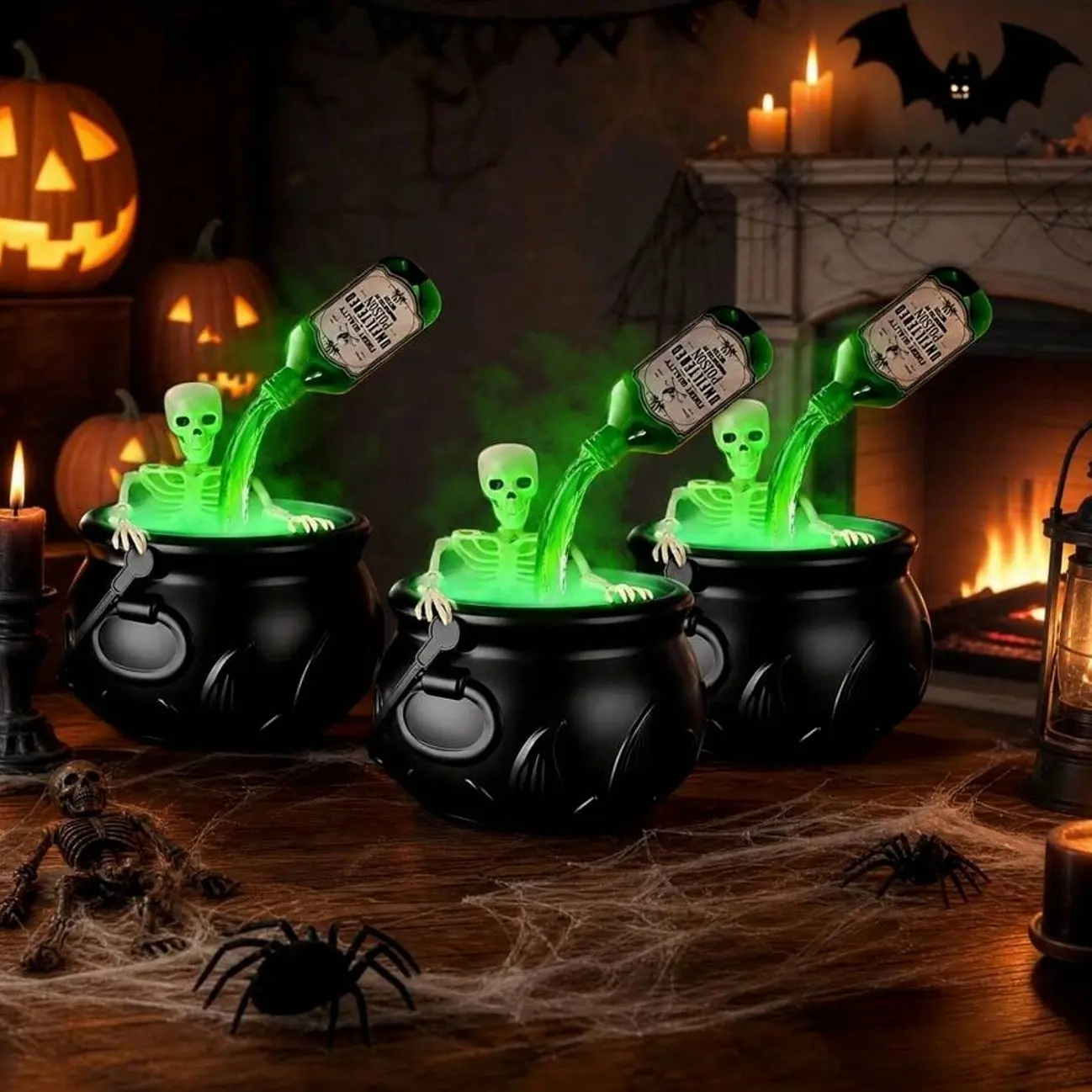 Halloween Cauldron Decor with Floating Potion Bottles & Fog Machine, Spooky Witch Bowl Table Centerpiece for Indoor Outdoor Party Decorations