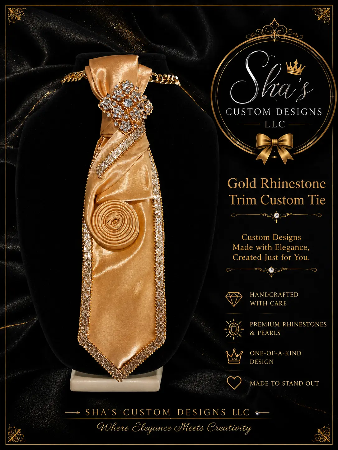 Gold Rhinestone Trim Custom Tie