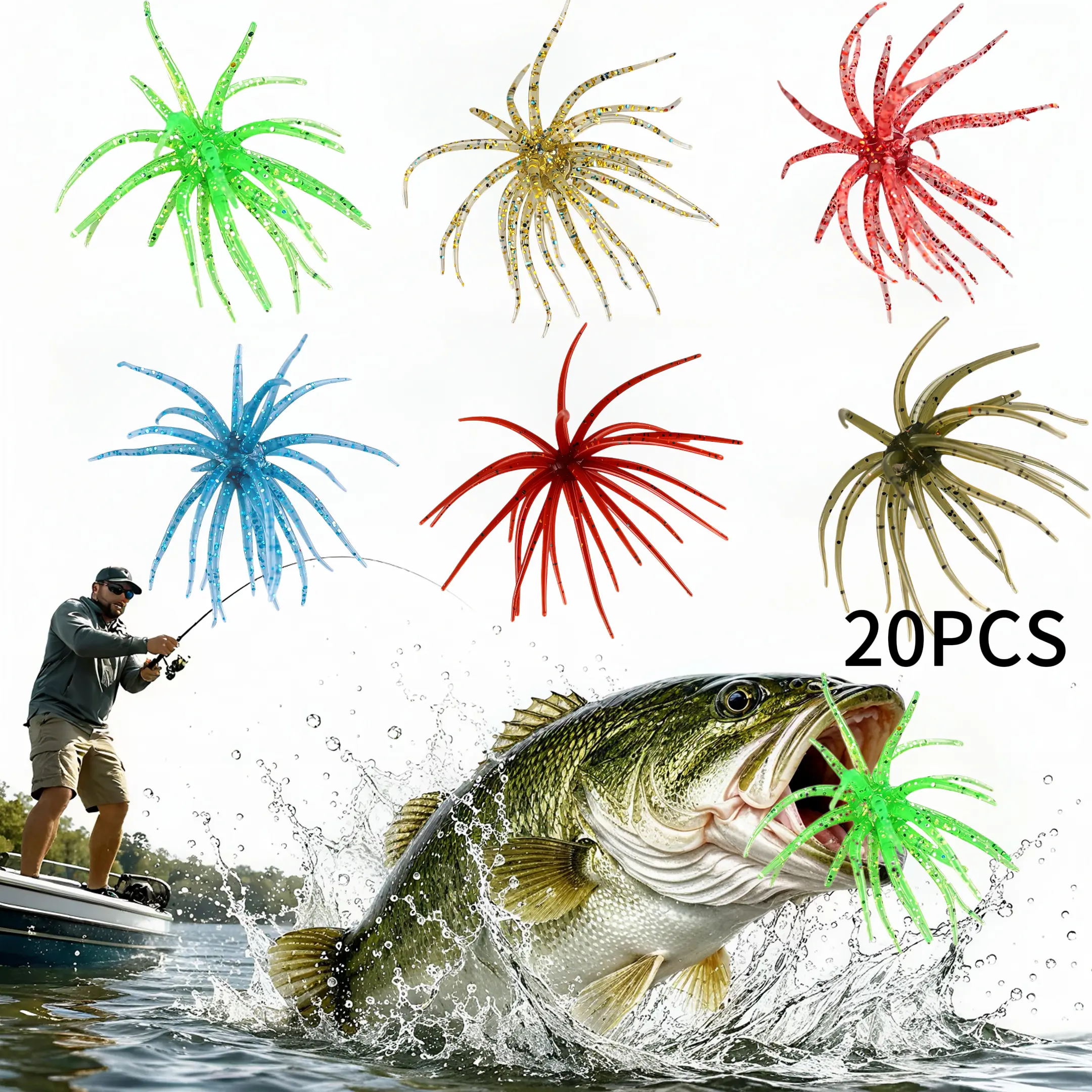 20PCS Soft Plastic Octopus Baits, Sea Urchin Soft Bait, Realistic Fuzzy Dice Fishing Lure, Japanese Finesse Worm for Bass Fishing, Plastic Baits for Bass Fishing, Drop Shot, Wacky RigNeko Rig & Finesse