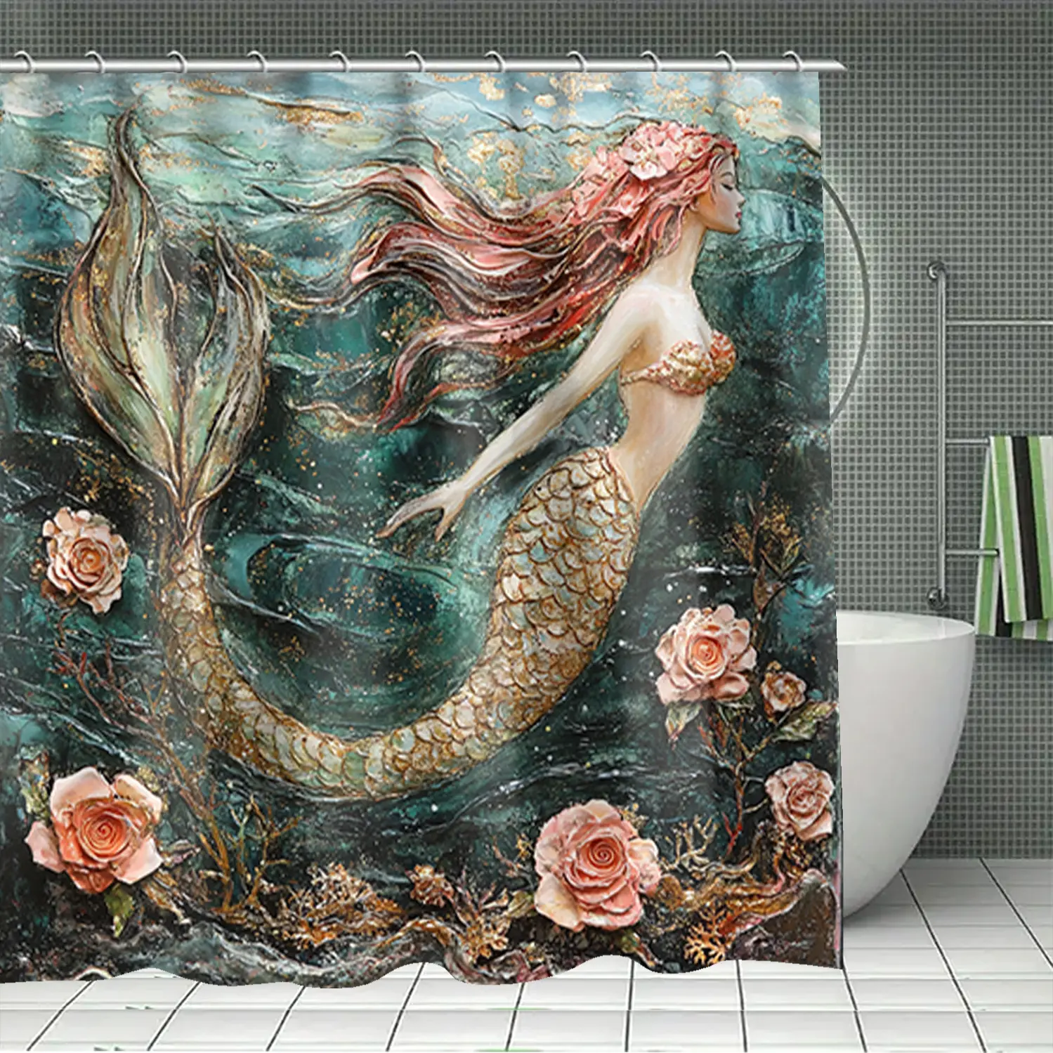 1/4 piece mermaid design bathroom set, including soft floor mat, toilet seat cushion, shower curtain, creating elegant decoration, home decor, floor mat with good rebound, water absorption, anti slip, preferred for gift giving