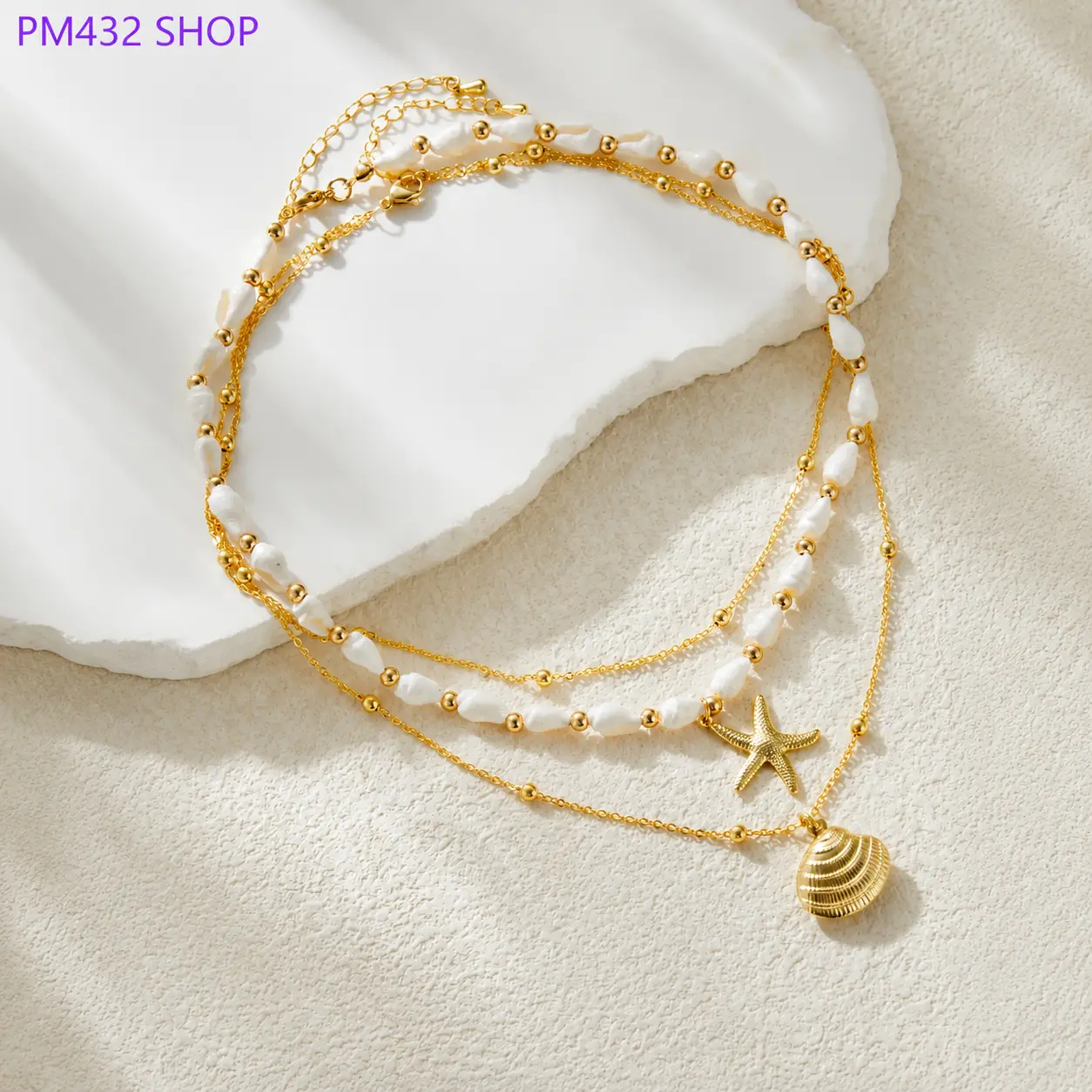 14K Gold-Plated Seashell & Starfish Layered Necklace for Women, Pearl Conch Shell Beach Choker, Coastal Boho Jewelry for Beach Vacation