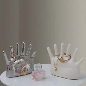 Ceramic Six-Finger Hand Jewelry Stand, Unique Decorative Prop, Ring Display Holder, Small Collectible Ornament, Creative Storage Solution