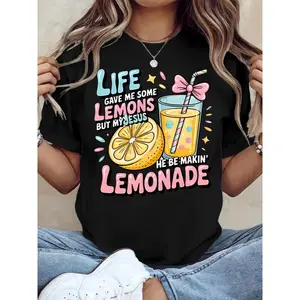 Women's Fun Christian Faith T-Shirt- "Life Gave Me Lemons, But Jesus Made Lemonade" Bible Verse Design with Lemon and Lemonade Print, Breathable Short Sleeve Round Neck Casual Top