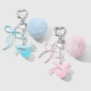 1 piece fresh, versatile, sweet, fashionable blue/pink pom-pom bow resin heart decoration DIY keychain bag charm suitable for girls’ everyday wear holiday gift