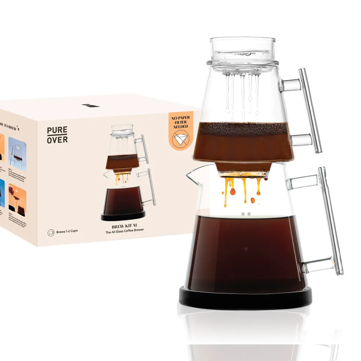 Pure Over All-Glass Pour Over Brew Kit — 6-Piece, 20oz — No Plastic or Paper Filter — Non-Toxic Borosilicate, Artist Designed