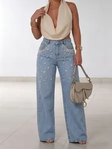 Women's Straight Leg Jeans, Pearl Button Front Design, Loose Casual Pants, Fashionable Comfort Fit, Daily Wear Preferred, Womenswear